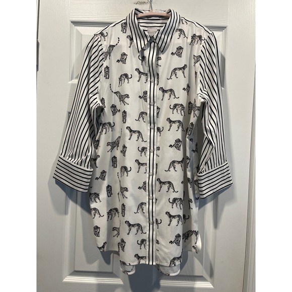 Chico's Tops - Chicos Leopard Print Striped Tunic Button Down Shirt White Black Size 2 Large